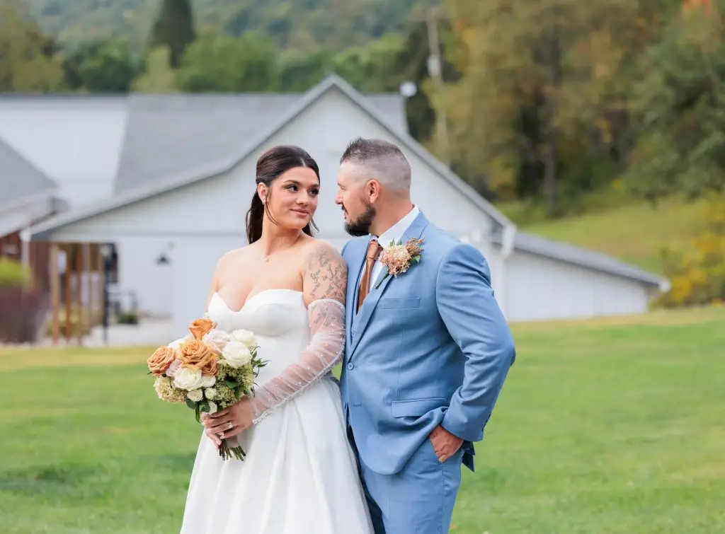 Bride and groom portrait at The Barn at Farrington Hollow wedding in Cherry Creek NY